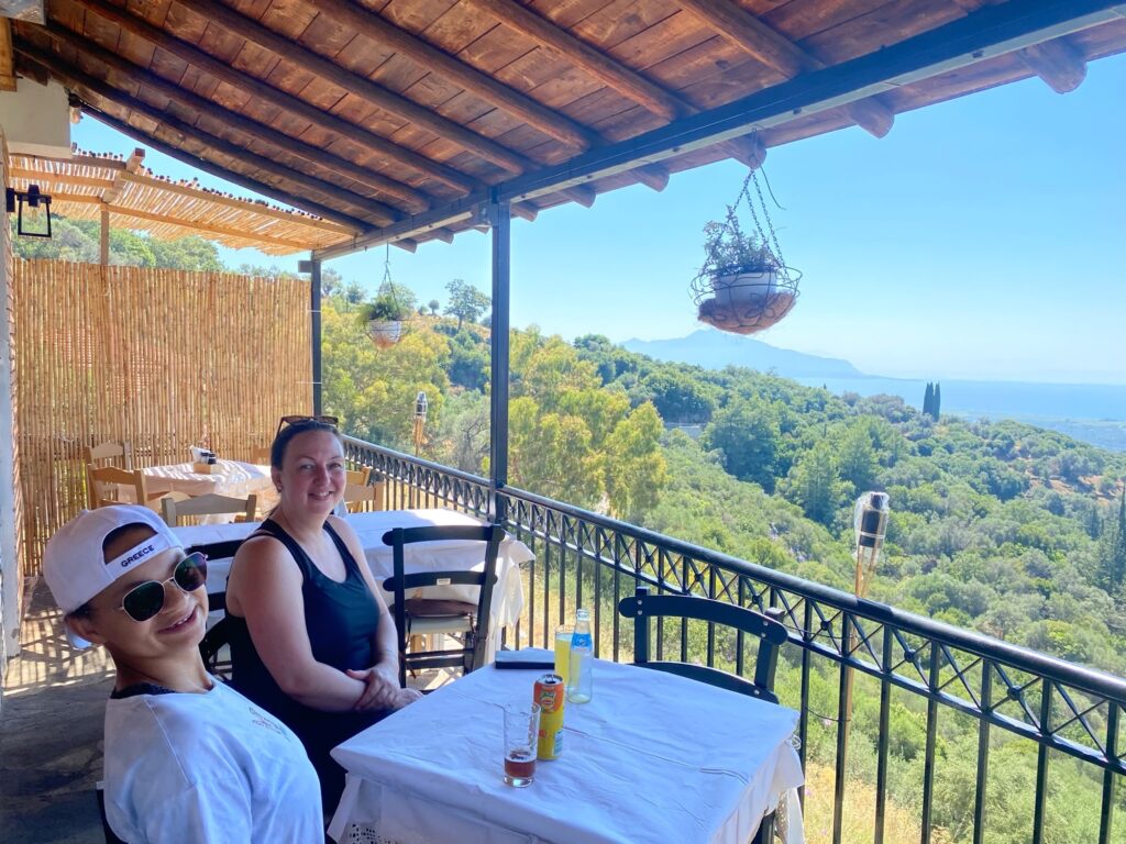 Sacha and her daughter during the ebike tour route 2 having a break at a taverna in koumaradei