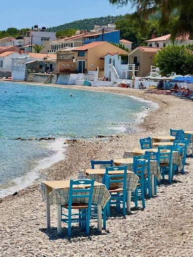 chairs at the beach at Ireon village nearby bougainvillea holiday home on Samos